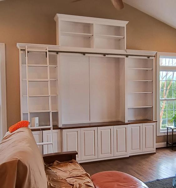 Custom Entertainment Center with book shelves and a rolling ladder
